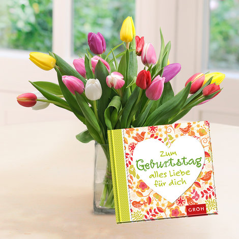 20 bunte Tulpen mit Buch 